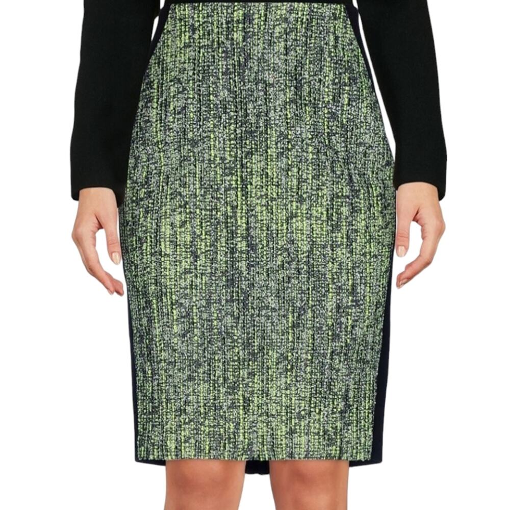 ELIE TAHARI Kelsa Wool Graphic‎ Green Black Speckle Tweed Pencil Skirt 6 New